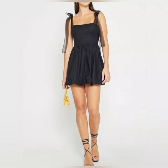 Reformation Enza Tie Strap Bubble Hem Minidress In Black - Picture 3 of 9